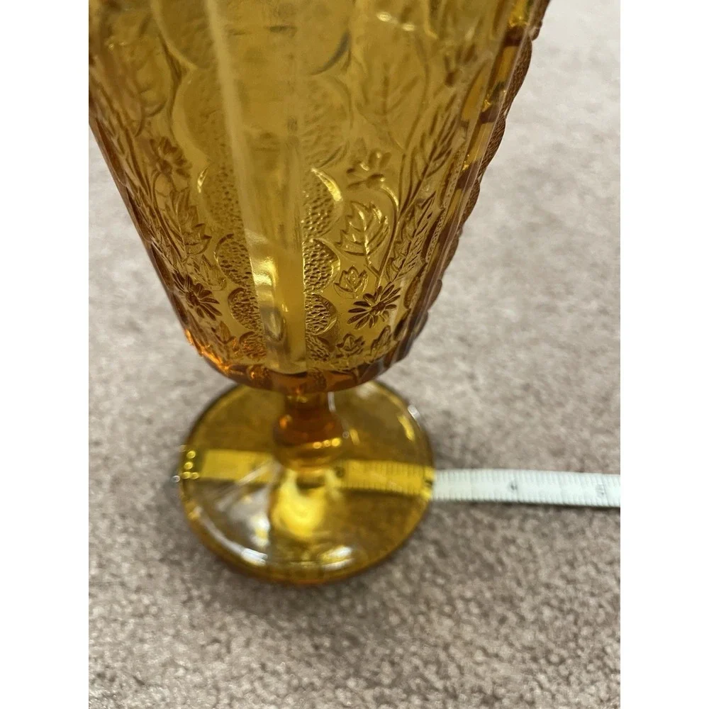 Vintage‎ 70's Retro Indiana Glass Button Daisy Leaf Tiara Amber Footed Goblet 6